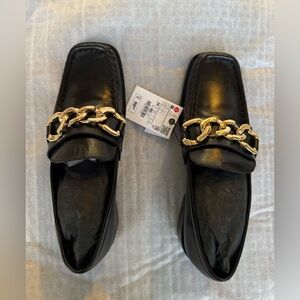 Zara Black Loafers with Gold Chain Detail